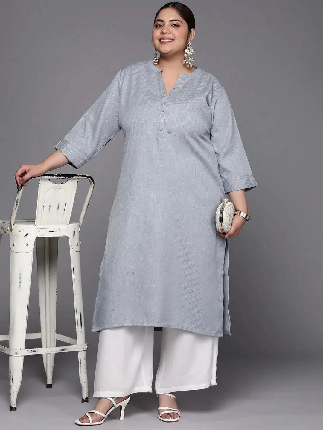 Plus Size Grey Woven Design Rayon Straight Kurta - Libas