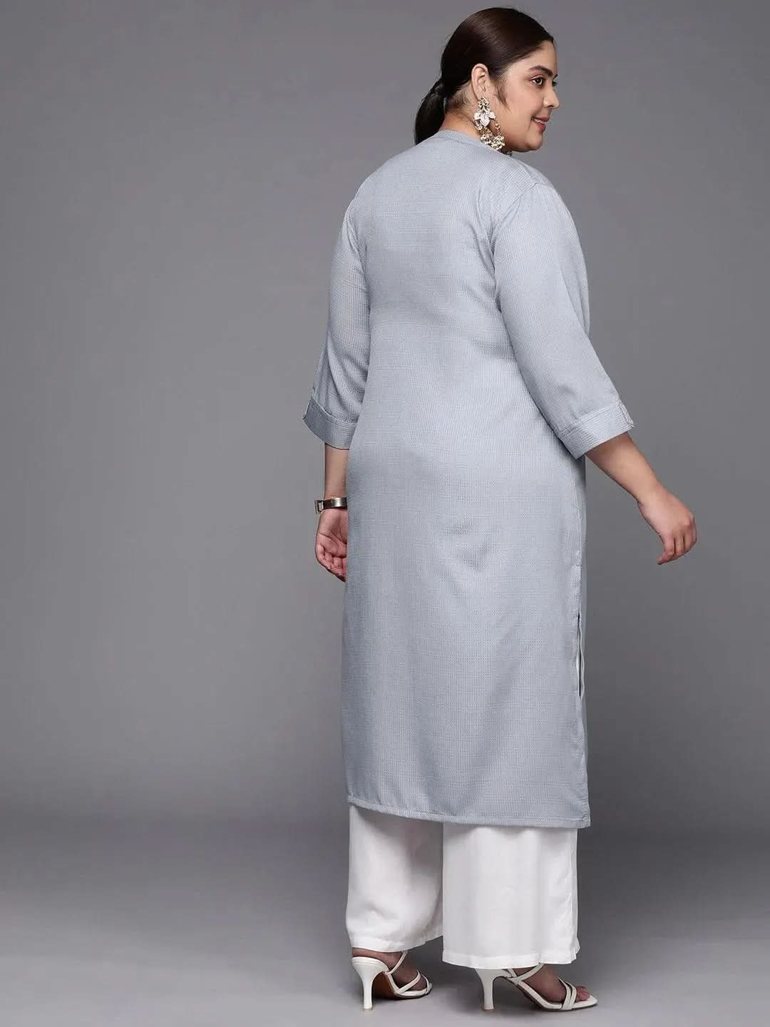 Plus Size Grey Woven Design Rayon Straight Kurta - Libas