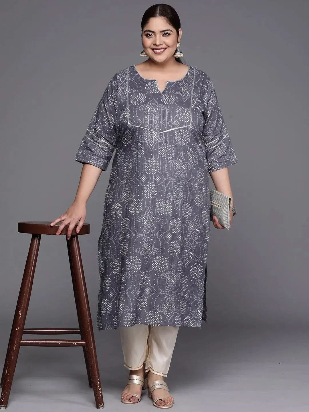 Plus Size Grey Yoke Design Cotton Straight Kurta - Libas