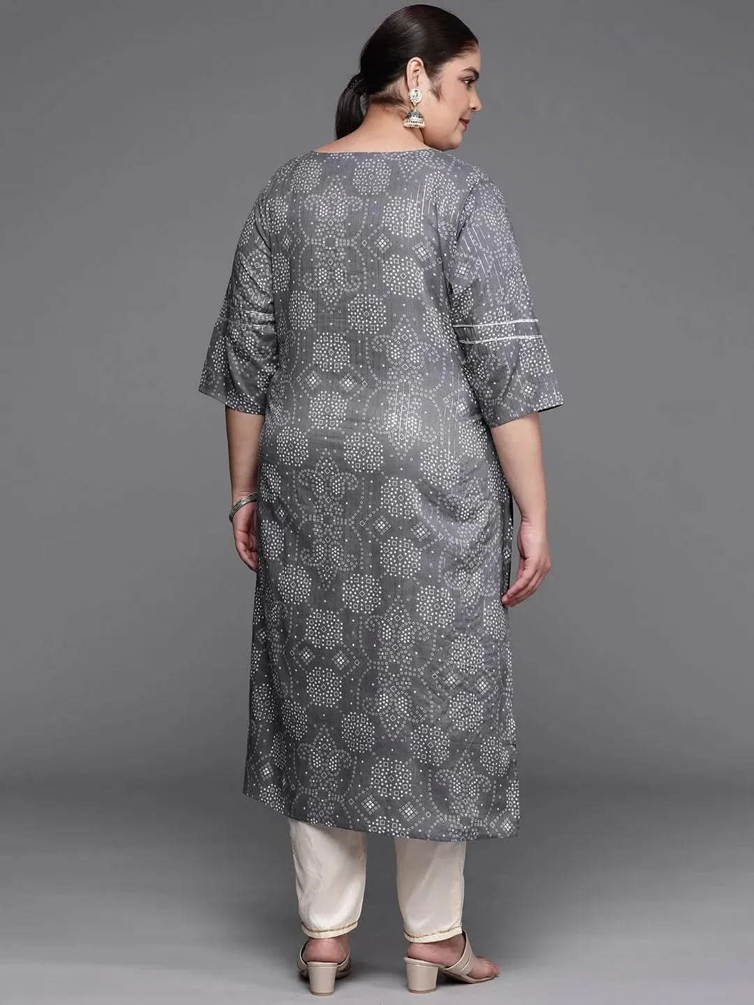 Plus Size Grey Yoke Design Cotton Straight Kurta - Libas