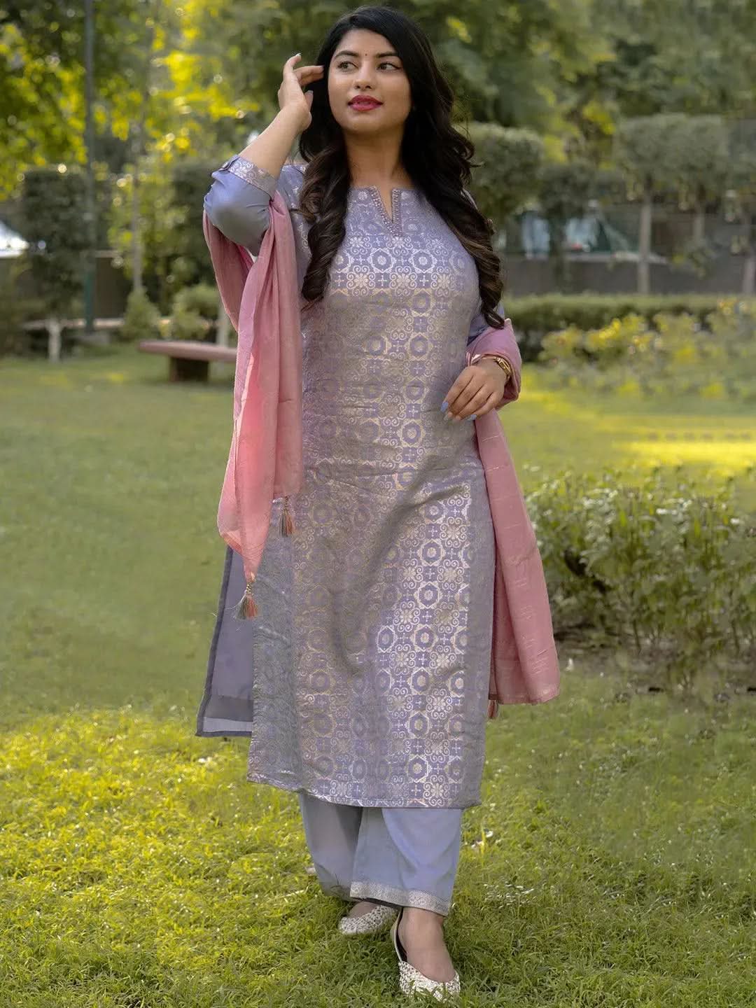 Buy Plus Size Lavender Woven Design Silk Blend Straight Kurta With