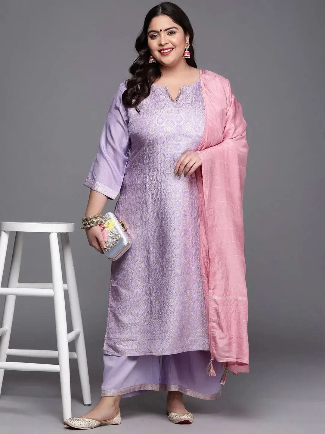 Plus Size Lavender Woven Design Silk Blend Straight Kurta With Palazzos & Dupatta
Plus Size Lavender Woven Design Silk Blend Straight Kurta With Palazzos & Dupatta