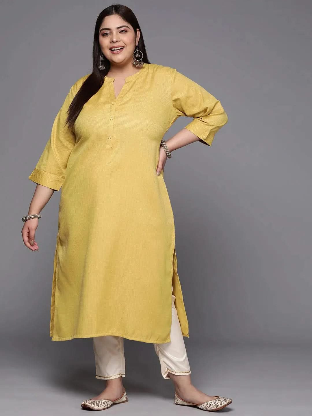 Plus Size Lime Green Woven Design Rayon Straight Kurta - Libas