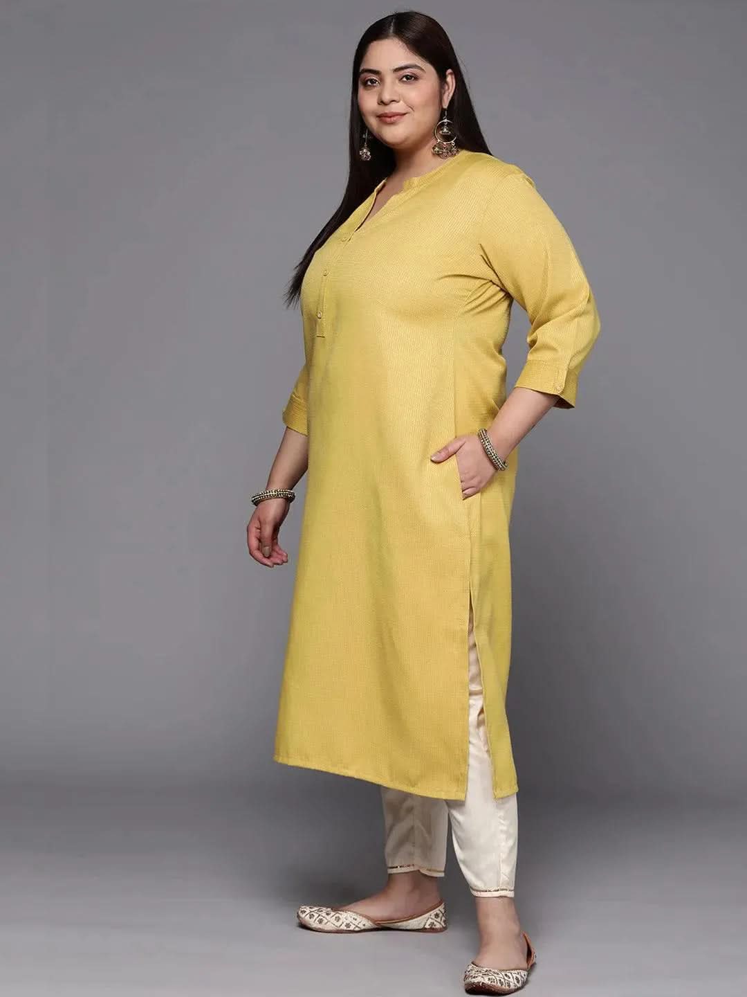 Plus Size Lime Green Woven Design Rayon Straight Kurta - Libas