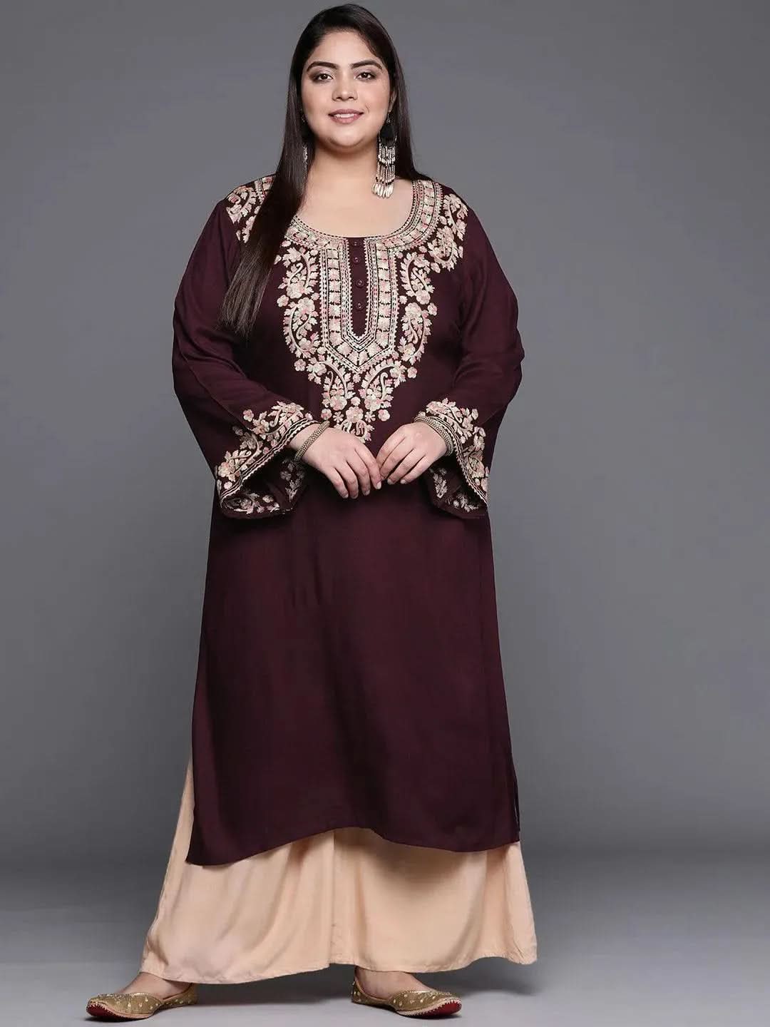 Plus Size Maroon Embroidered Wool Kurta - Libas