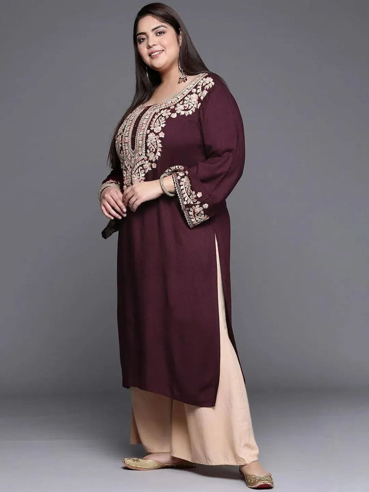 Plus Size Maroon Embroidered Wool Kurta - Libas