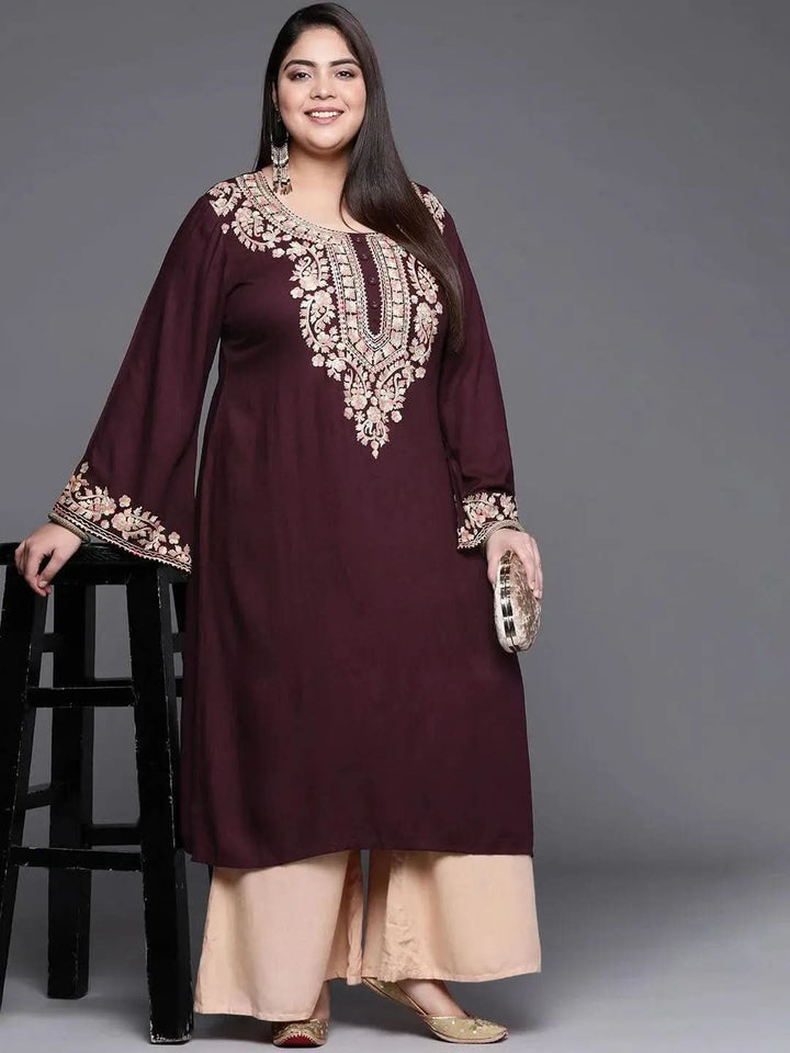 Plus Size Maroon Embroidered Wool Kurta - Libas