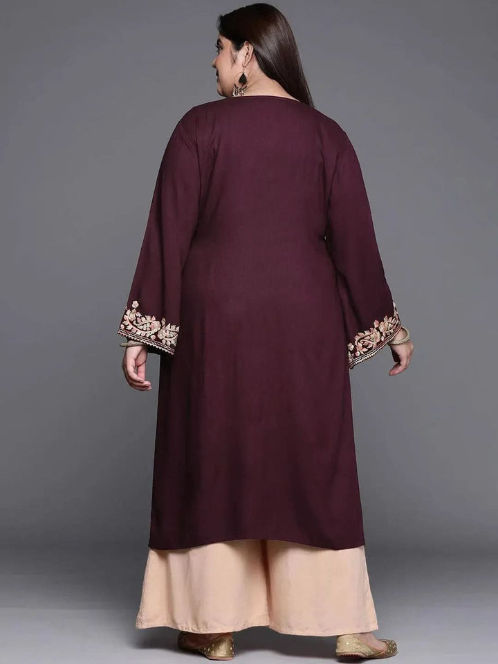 Plus Size Maroon Embroidered Wool Kurta - Libas