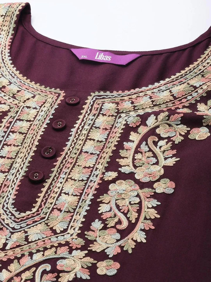 Plus Size Maroon Embroidered Wool Kurta - Libas