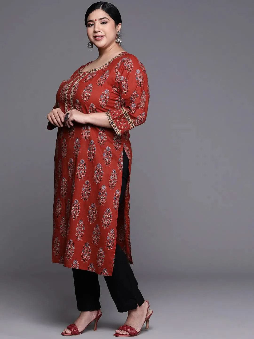 Plus Size Maroon Printed Cotton Kurta - Libas
