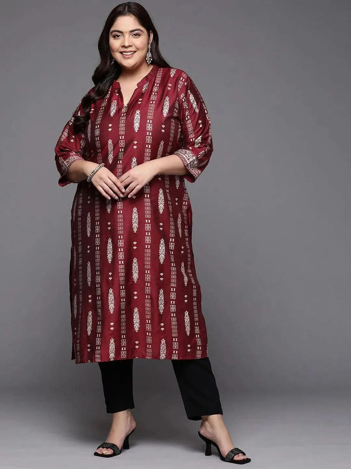 Plus Size Maroon Printed Silk Straight Kurta - Libas