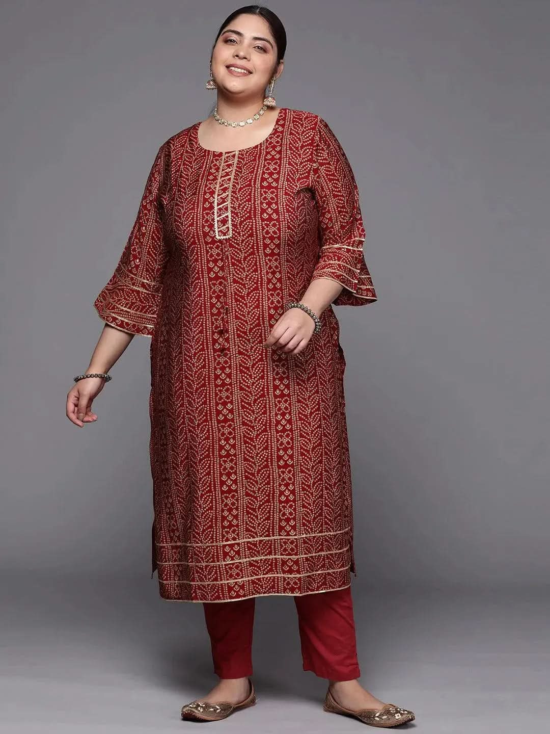 Plus Size Maroon Printed Silk Straight Kurta - Libas