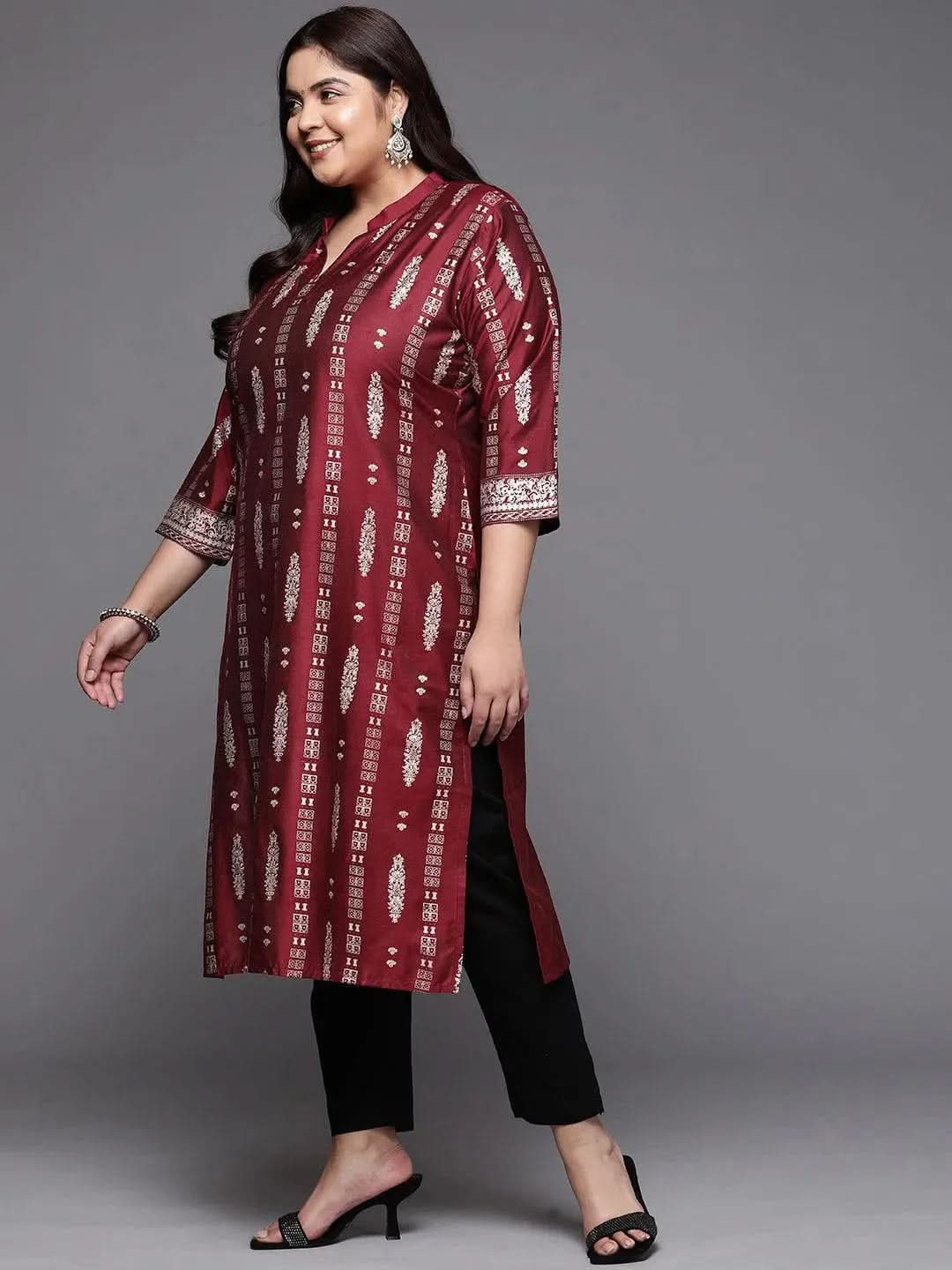 Plus Size Maroon Printed Silk Straight Kurta
Plus Size Maroon Printed Silk Straight Kurta