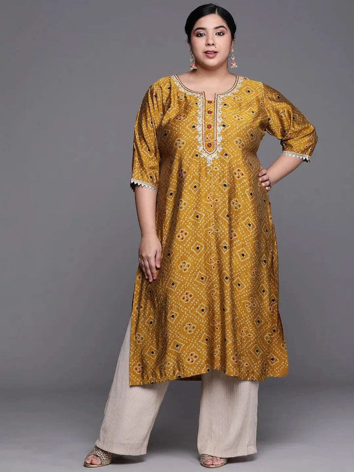 Plus Size Mustard Printed Chanderi Silk Kurta - Libas