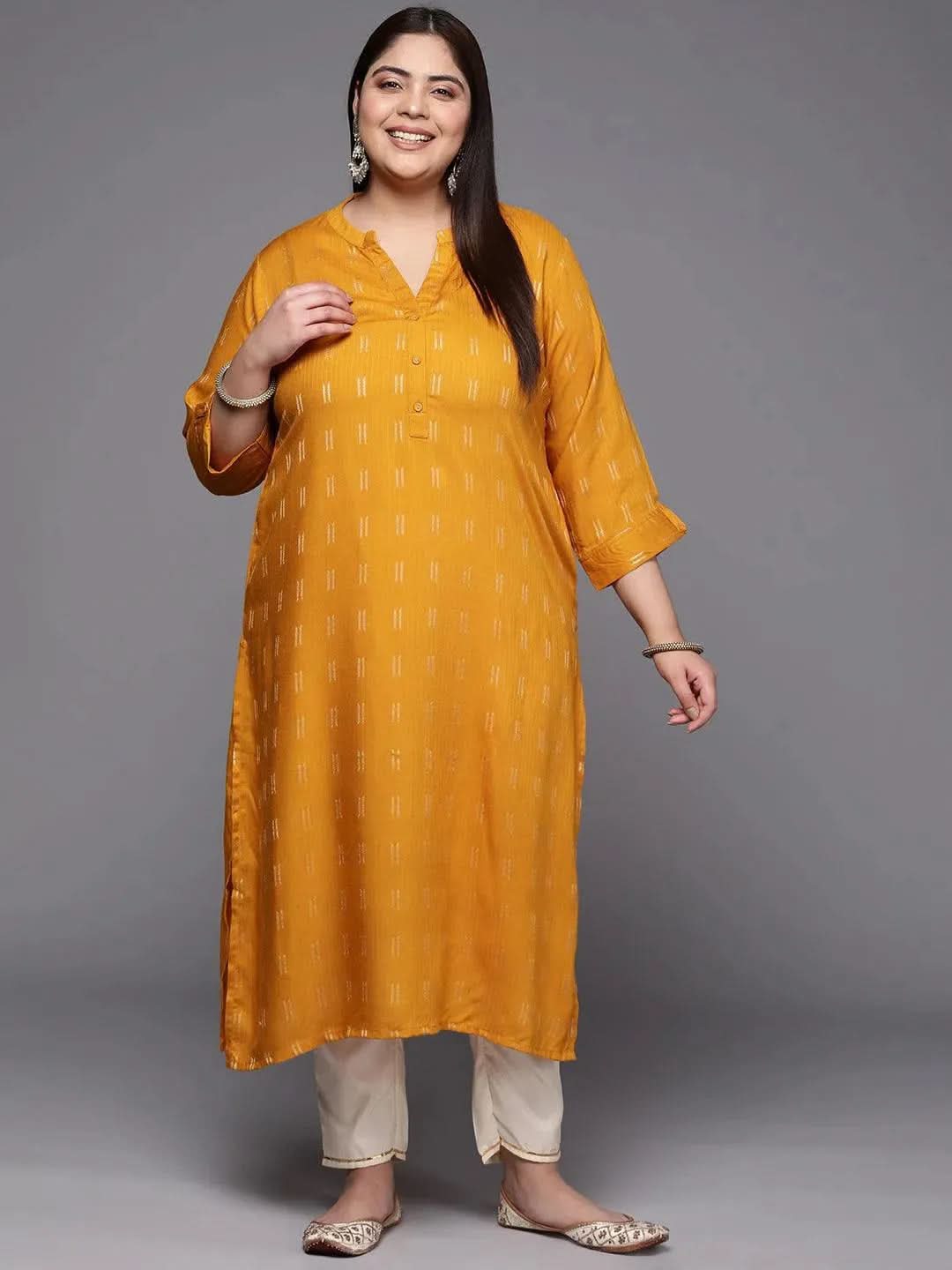 Plus Size Mustard Woven Design Rayon Straight Kurta - Libas