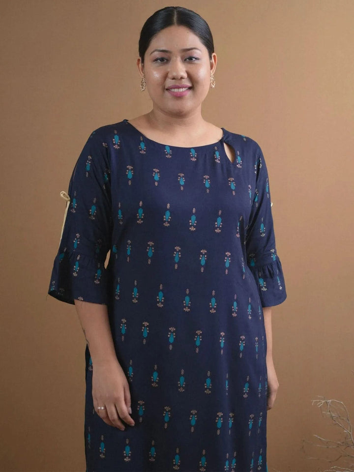 Plus Size Navy Blue Printed Rayon Kurta - Libas