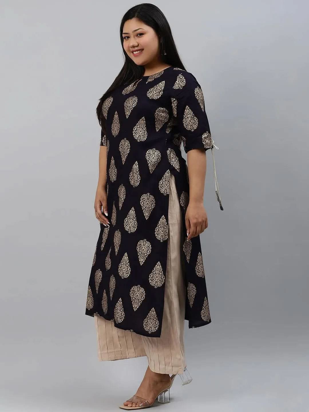 Plus Size Navy Blue Printed Rayon Kurta - Libas