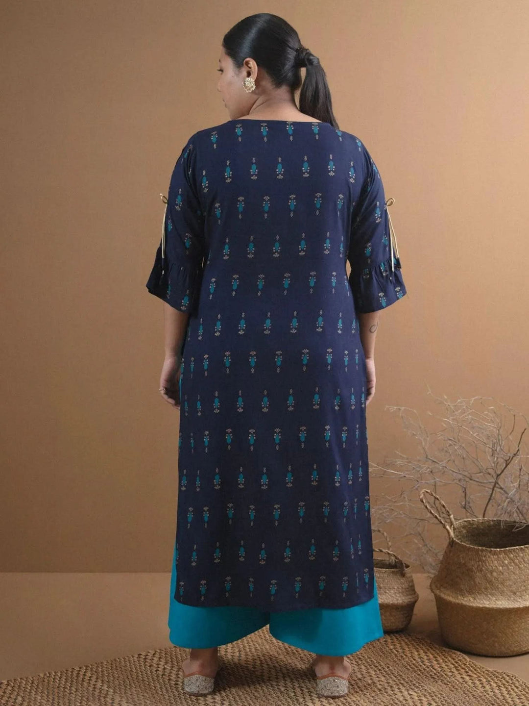Plus Size Navy Blue Printed Rayon Kurta - Libas