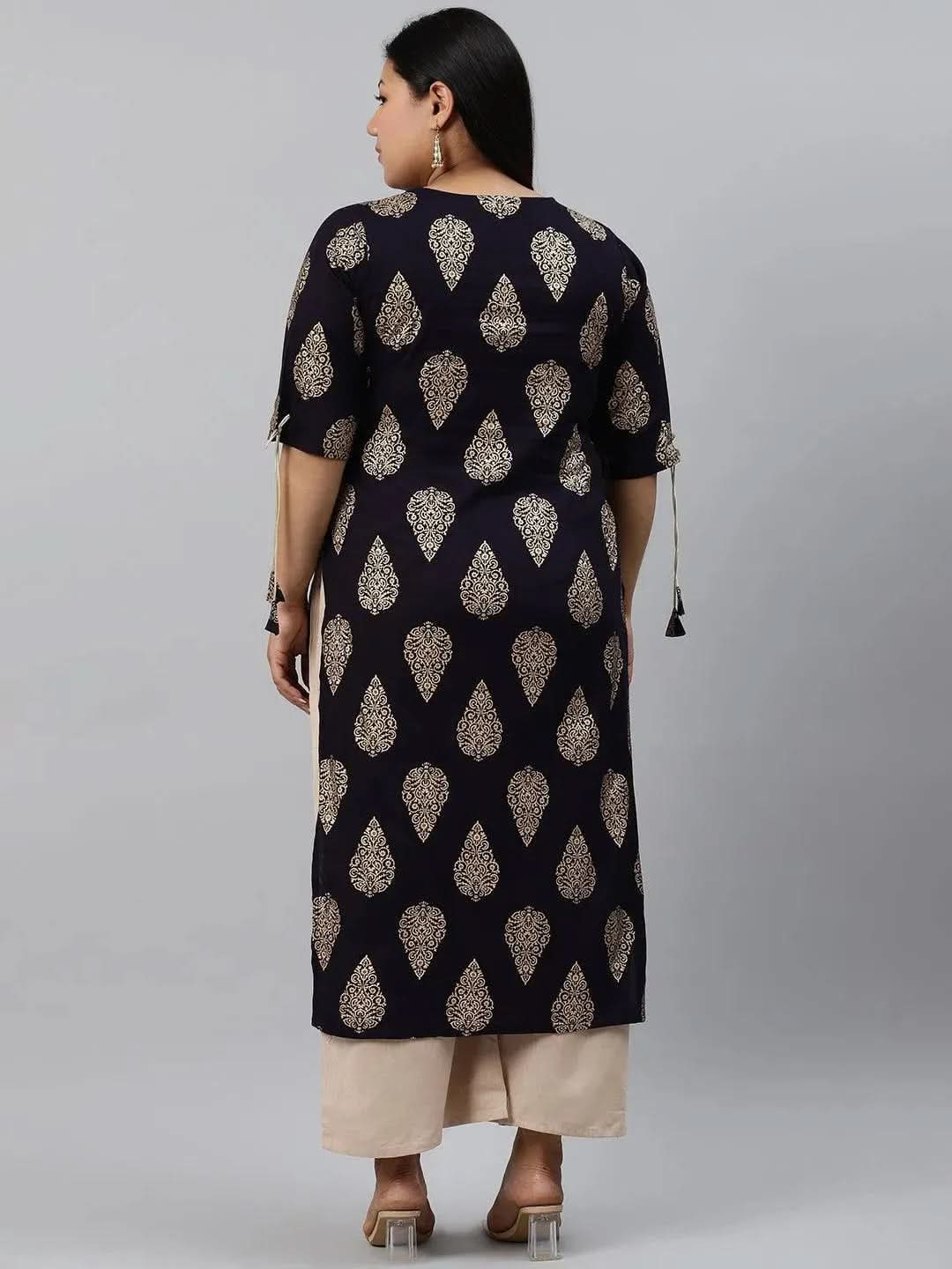 Plus Size Navy Blue Printed Rayon Kurta - Libas