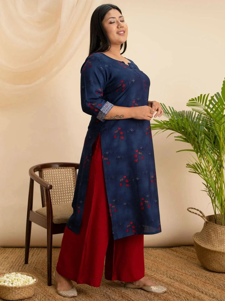 Plus Size Navy Blue Printed Rayon Kurta - Libas