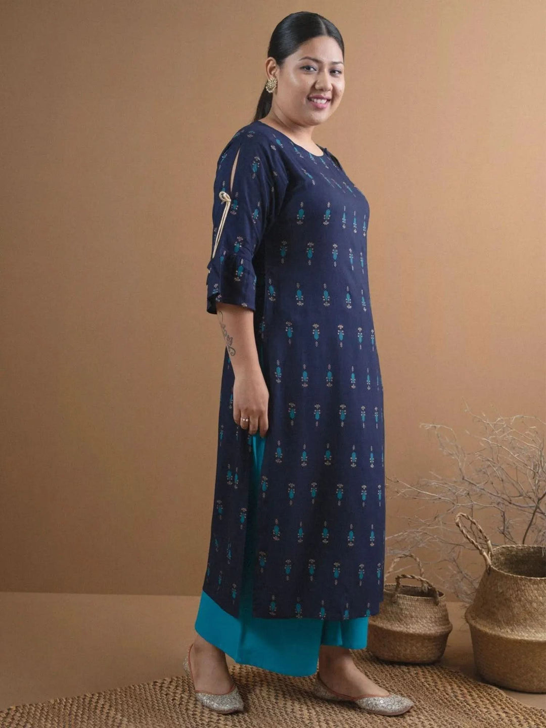 Plus Size Navy Blue Printed Rayon Kurta - Libas