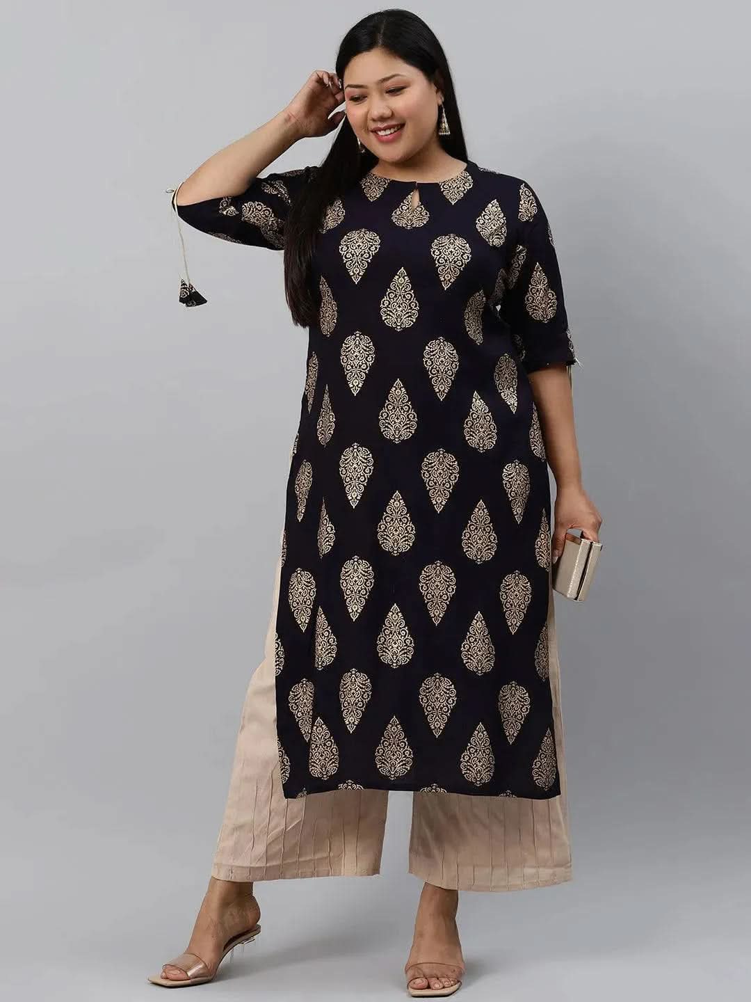 Plus Size Navy Blue Printed Rayon Kurta - Libas