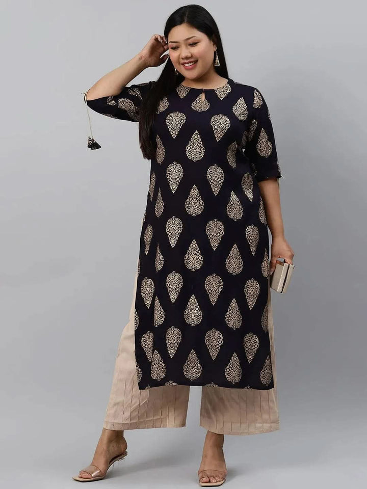 Plus Size Navy Blue Printed Rayon Kurta - Libas