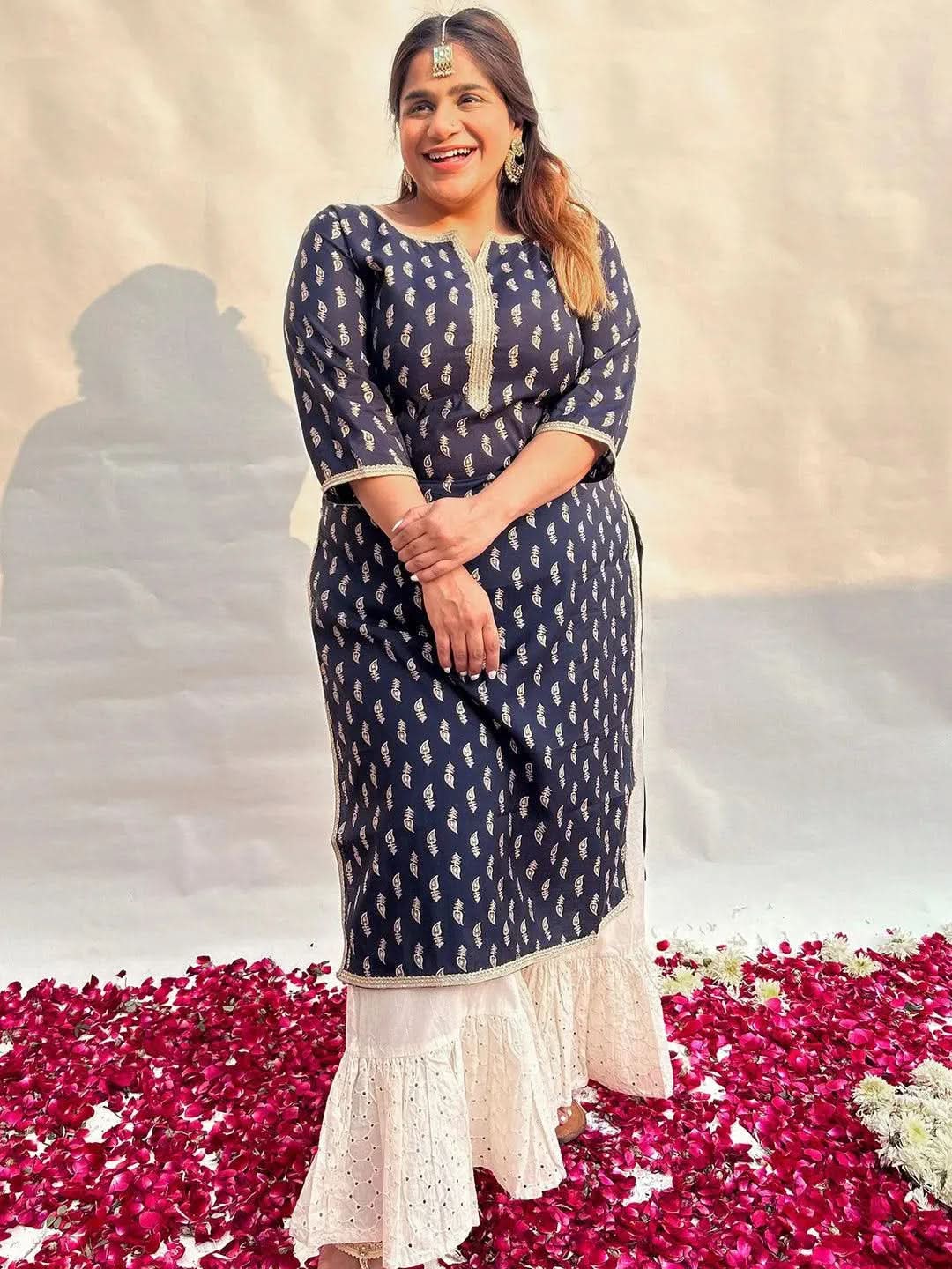 Plus Size Navy Blue Printed Silk Straight Kurta - Libas