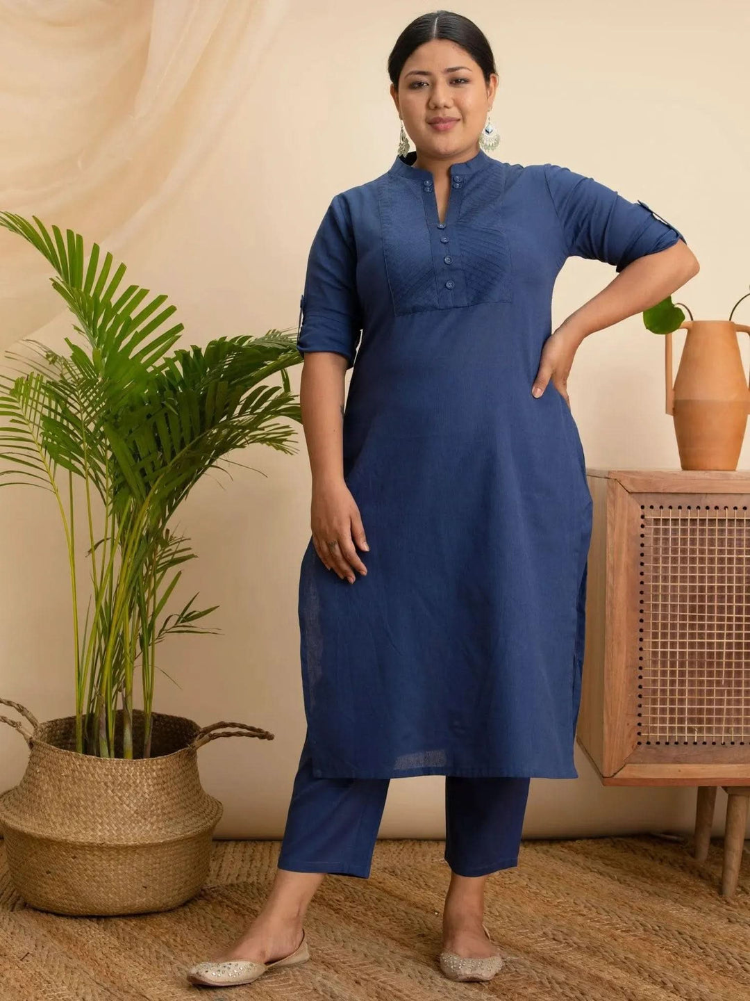 Plus Size Navy Blue Solid Cotton Kurta - Libas