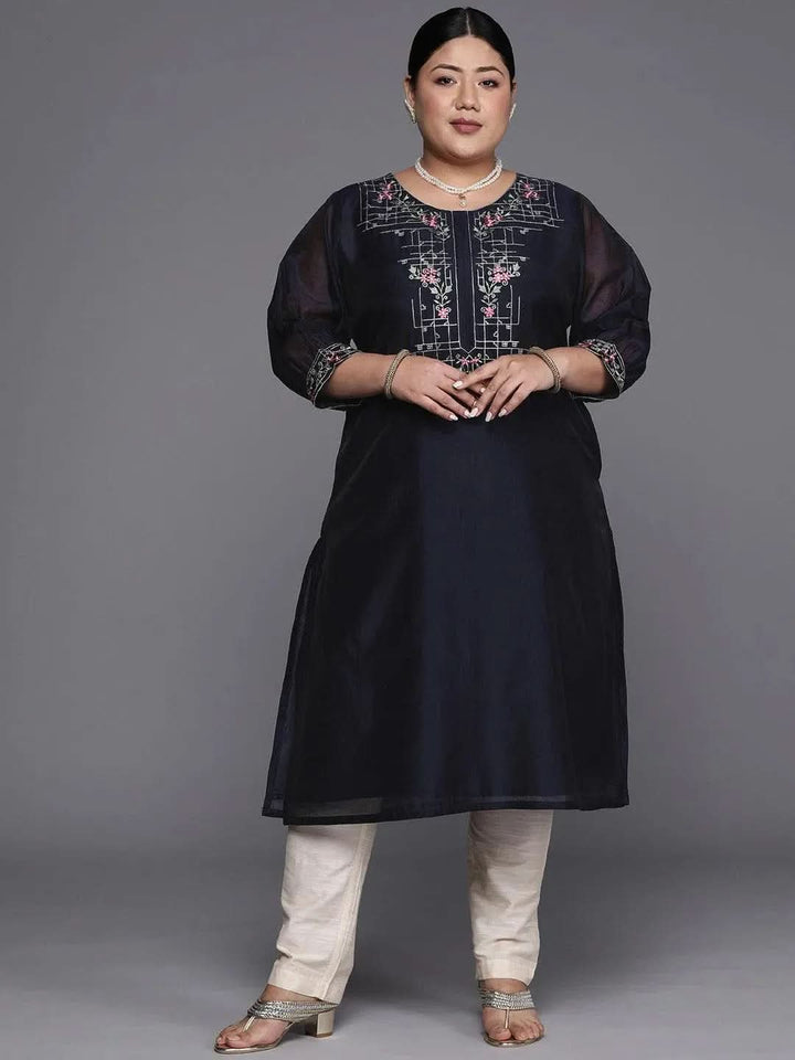 Plus Size Navy Blue Yoke Design Chanderi Cotton Straight Kurta - Libas