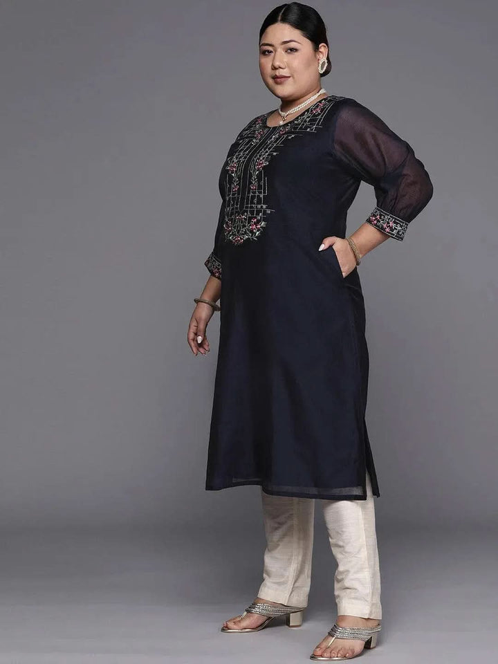Plus Size Navy Blue Yoke Design Chanderi Cotton Straight Kurta - Libas