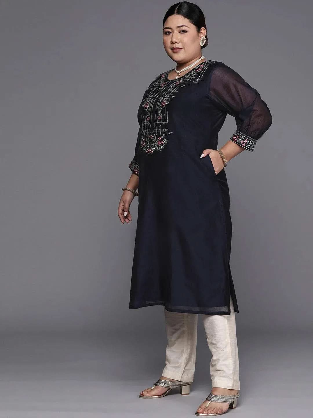 Plus Size Navy Blue Yoke Design Chanderi Cotton Straight Kurta
Plus Size Navy Blue Yoke Design Chanderi Cotton Straight Kurta