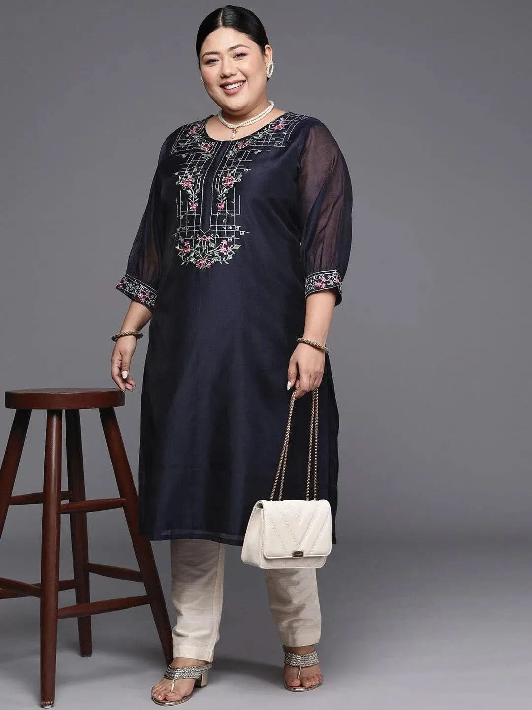 Plus Size Navy Blue Yoke Design Chanderi Cotton Straight Kurta - Libas