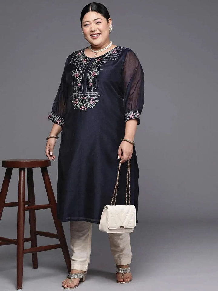 Plus Size Navy Blue Yoke Design Chanderi Cotton Straight Kurta - Libas