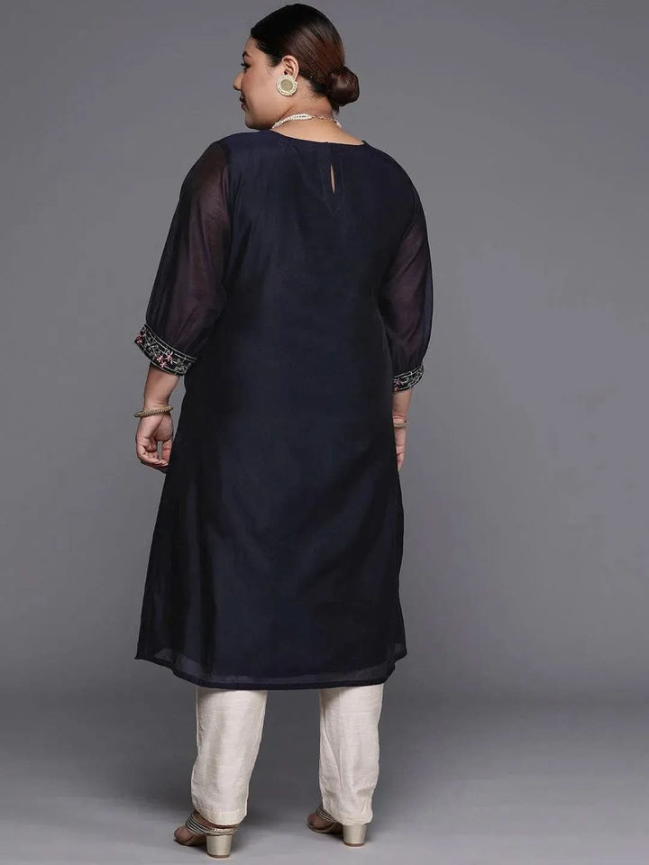 Plus Size Navy Blue Yoke Design Chanderi Cotton Straight Kurta - Libas