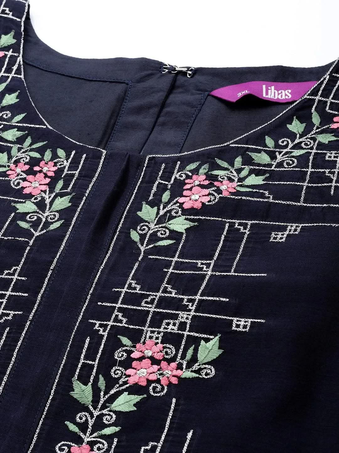 Plus Size Navy Blue Yoke Design Chanderi Cotton Straight Kurta - Libas