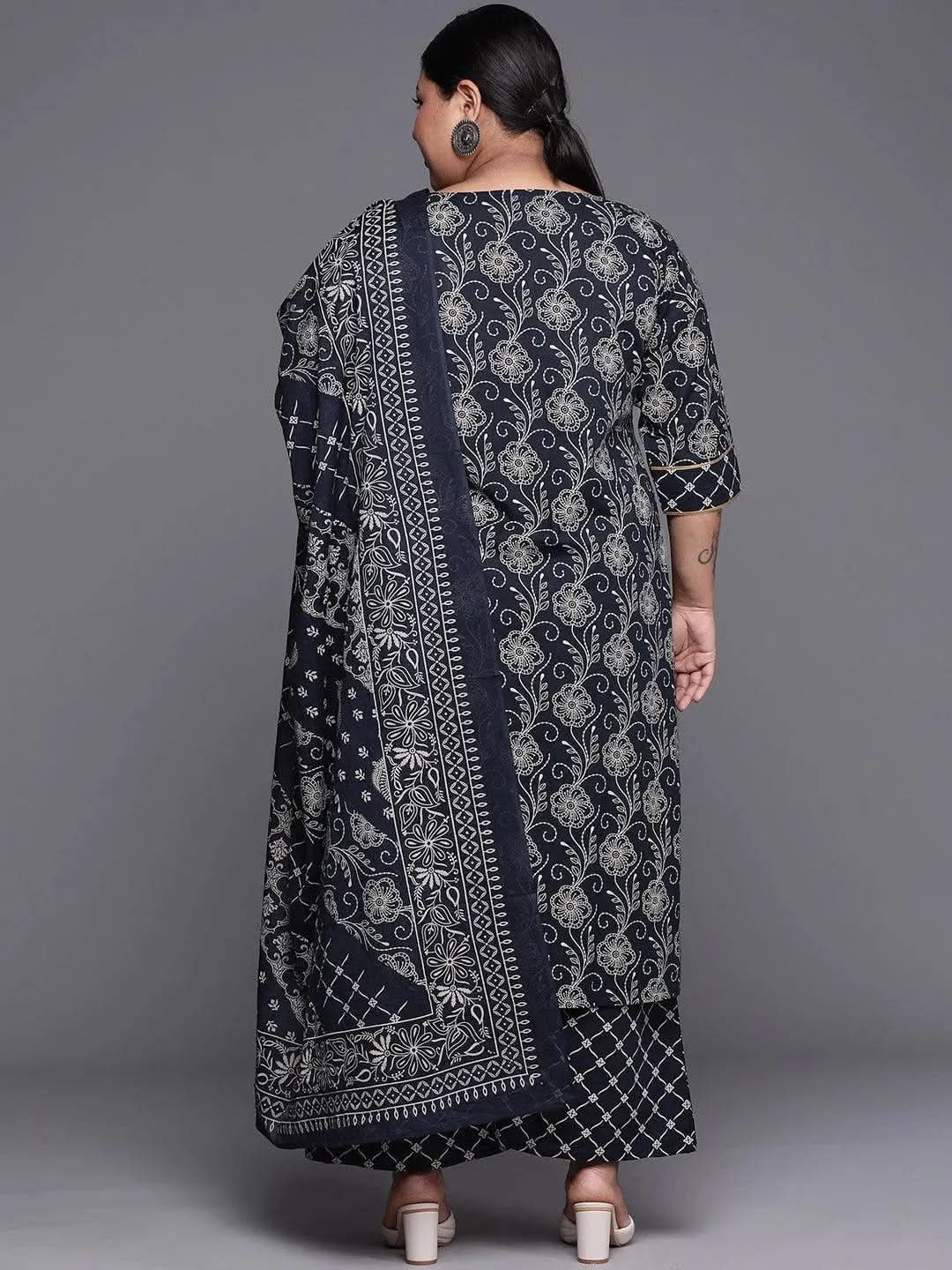 Plus Size Navy Blue Yoke Design Cotton Suit Set - Libas