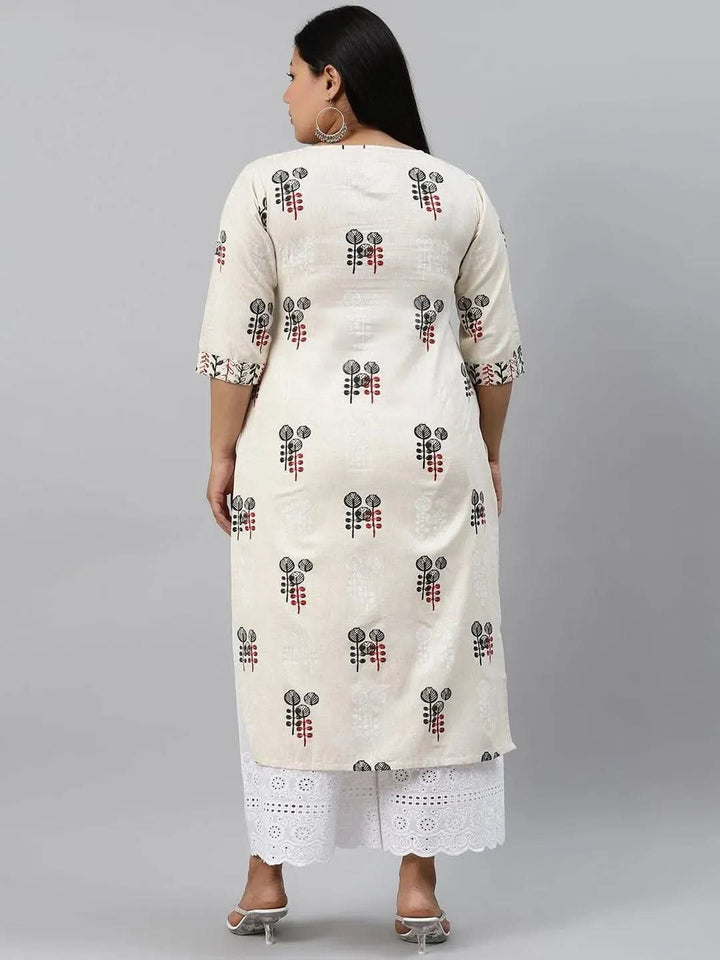 Plus Size Off-White Printed Cotton Kurta - Libas