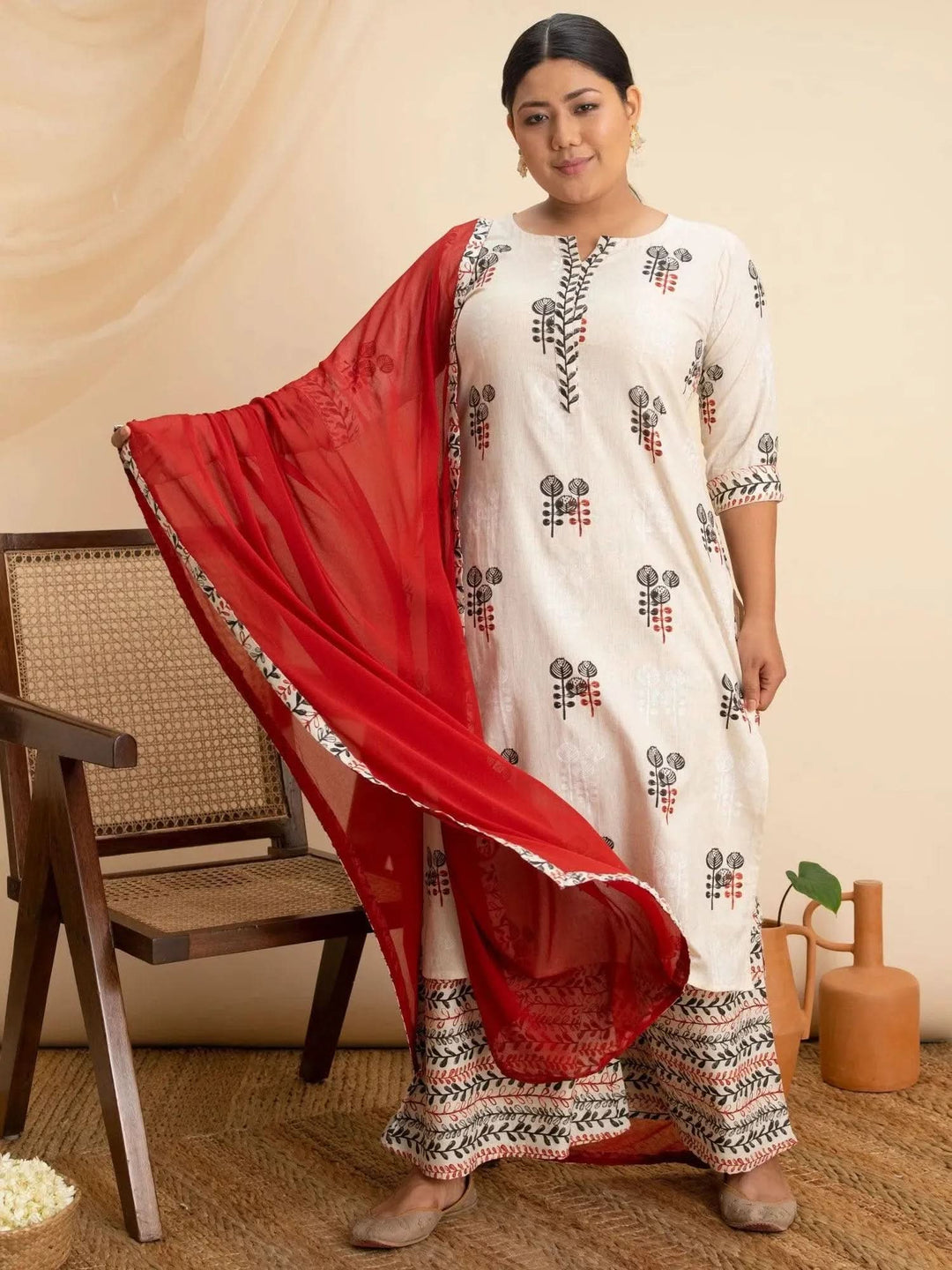 Plus Size Off White Printed Cotton Suit Set - Libas