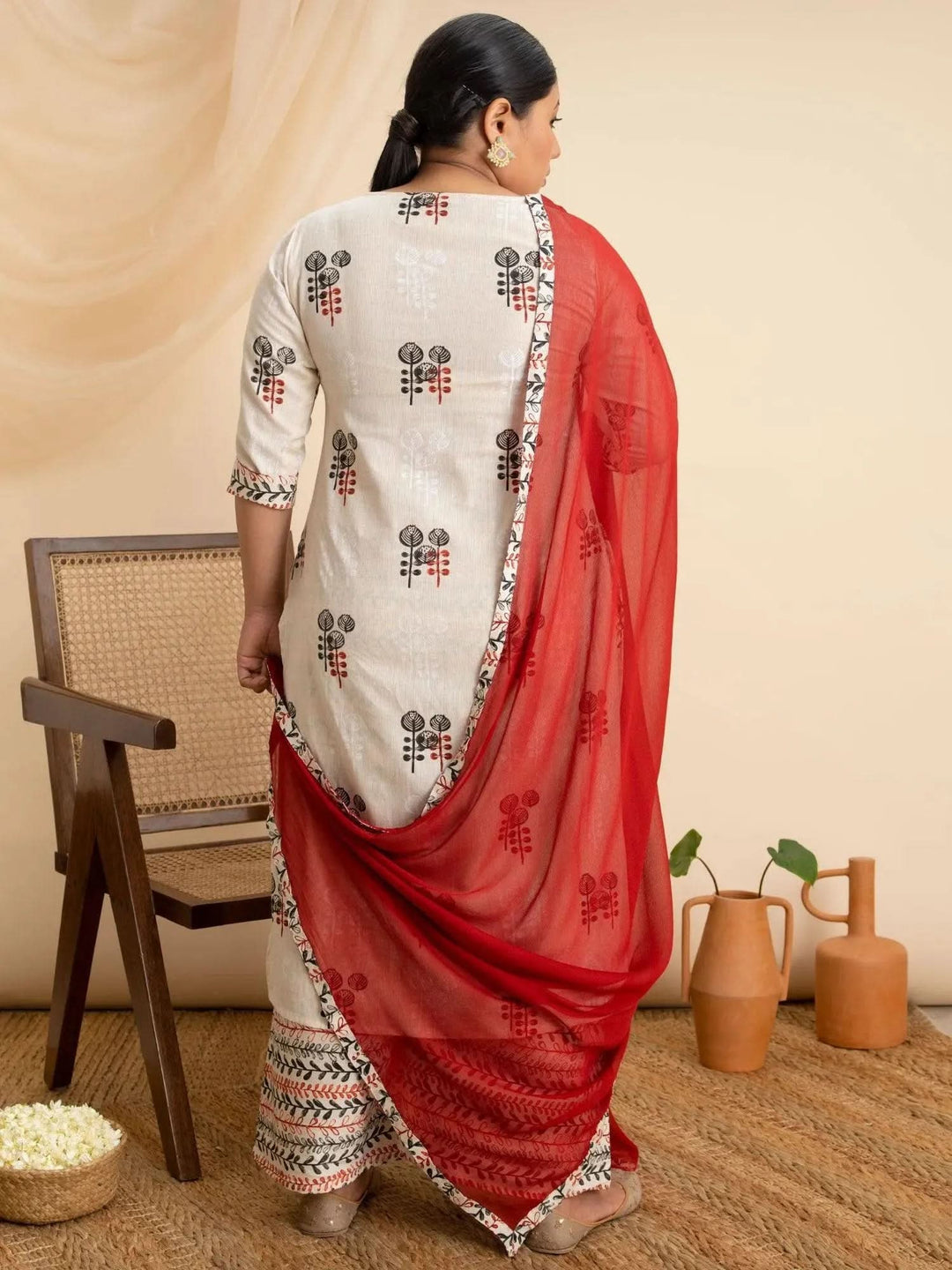 Plus Size Off White Printed Cotton Suit Set - Libas