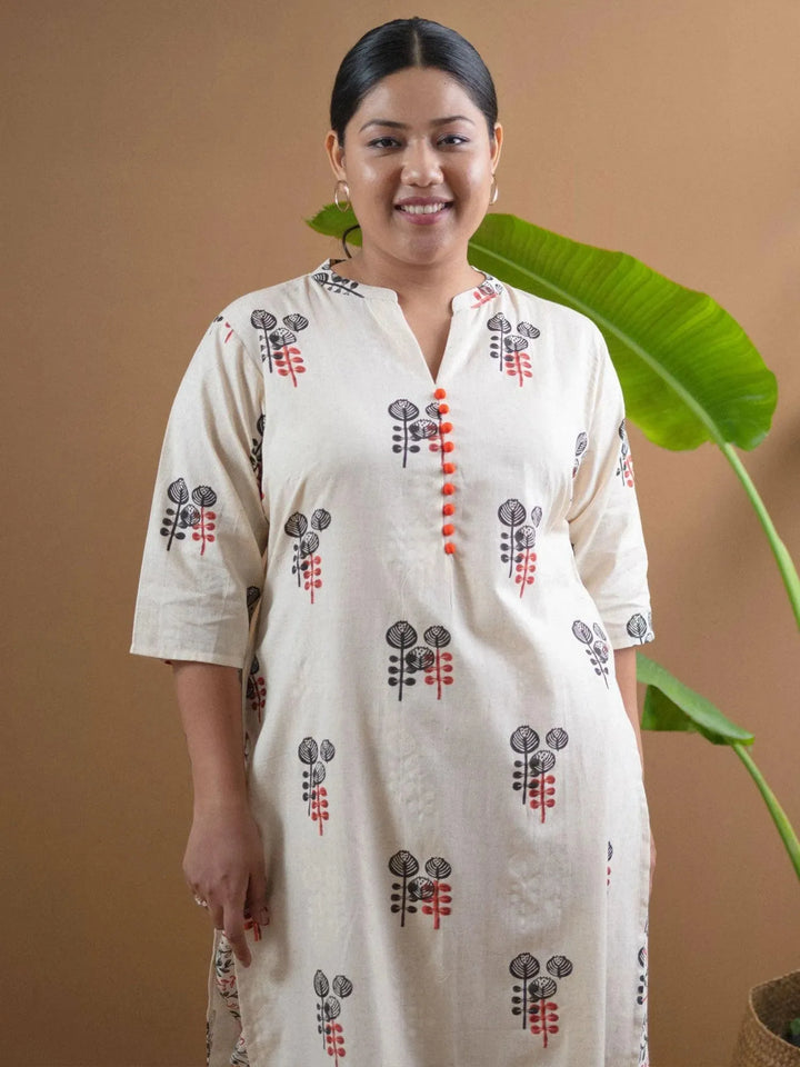 Plus Size Off White Printed Cotton Kurta Set - Libas