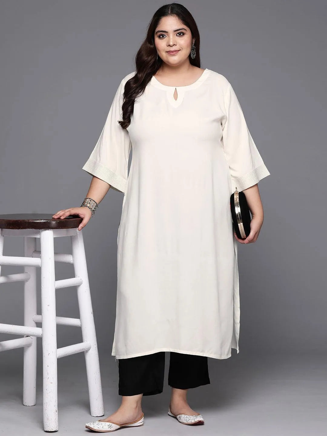 Plus Size Off White Solid Rayon Straight Kurta - Libas