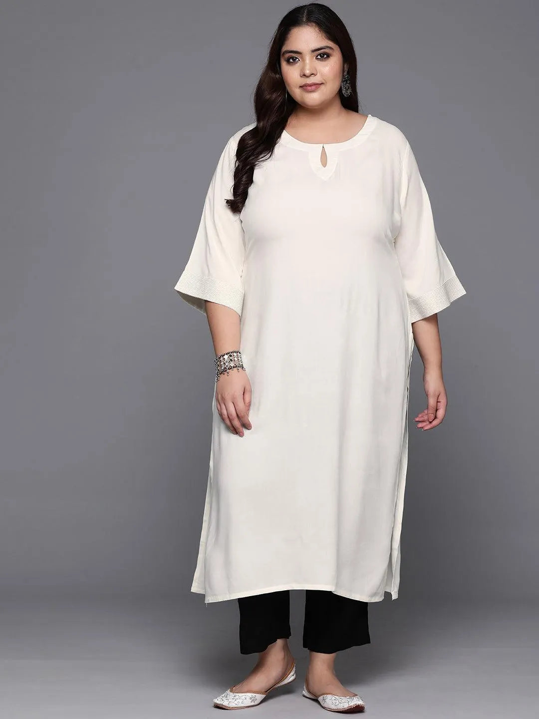 Plus Size Off White Solid Rayon Straight Kurta - Libas