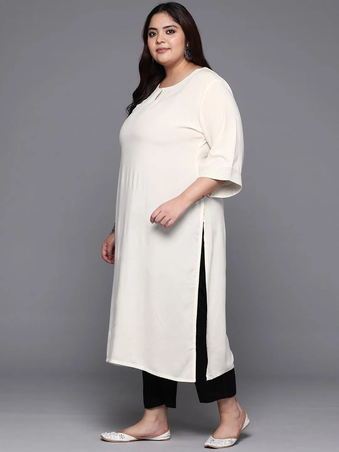 Plus Size Off White Solid Rayon Straight Kurta - Libas