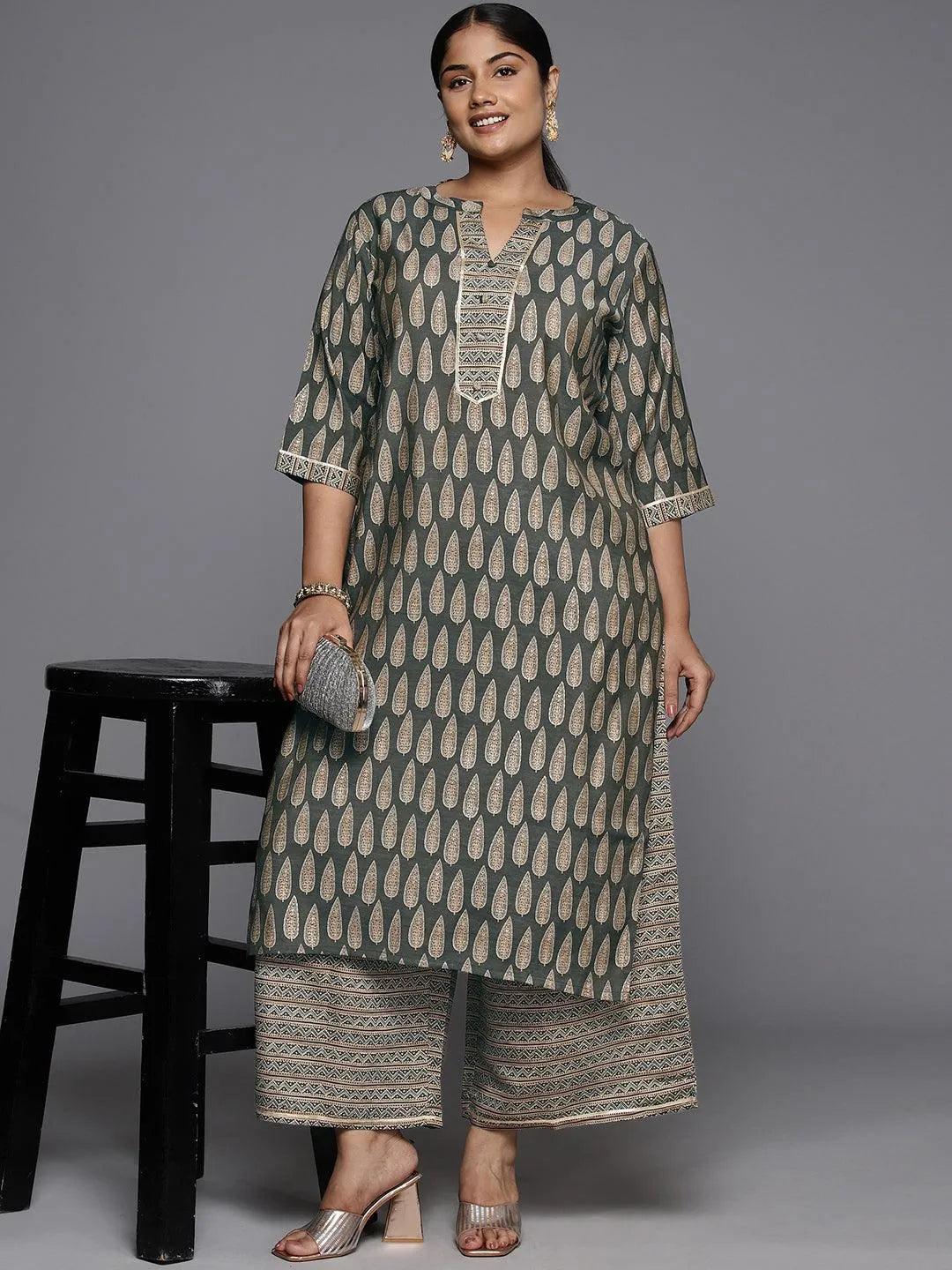 Plus Size Olive Printed Silk Blend Straight Kurta With Palazzos - Libas