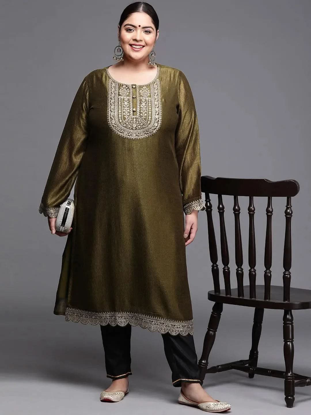 Plus Size Olive Yoke Design Silk Kurta 
Plus Size Olive Yoke Design Silk Kurta