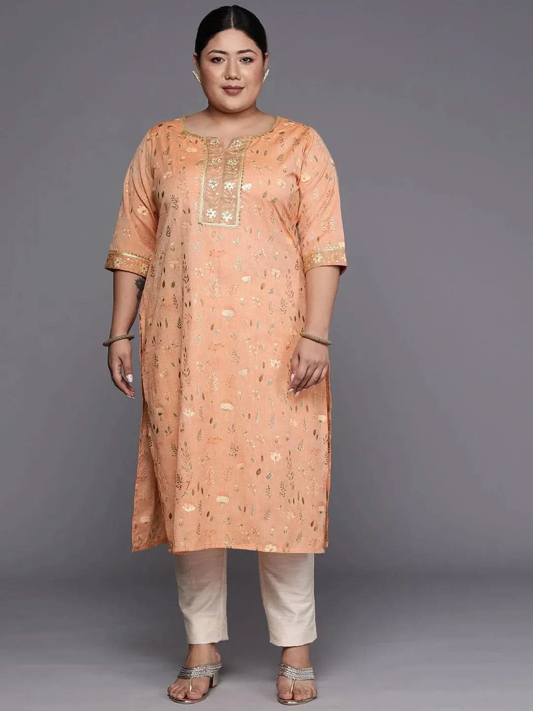 Plus Size Orange Printed Cotton Silk Straight Kurta - Libas