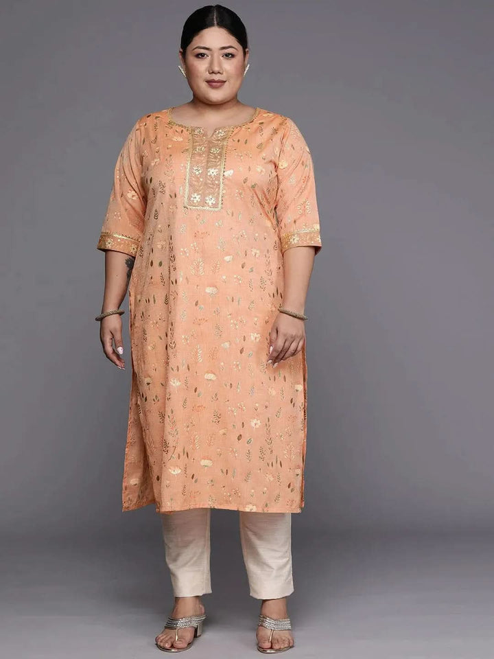 Plus Size Orange Printed Cotton Silk Straight Kurta - Libas