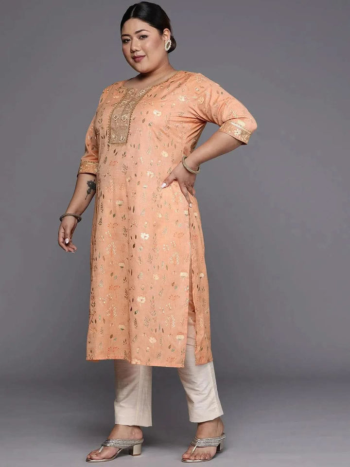 Plus Size Orange Printed Cotton Silk Straight Kurta - Libas
