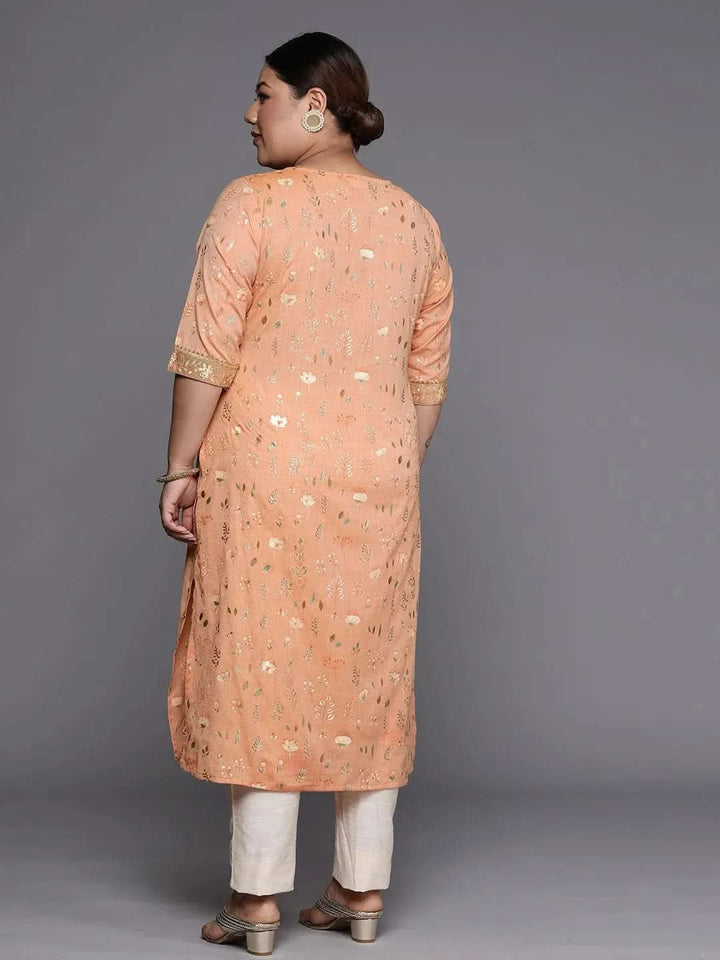Plus Size Orange Printed Cotton Silk Straight Kurta - Libas